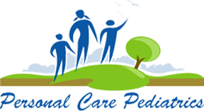 A logo for personal care pediatrics with a family on a hill