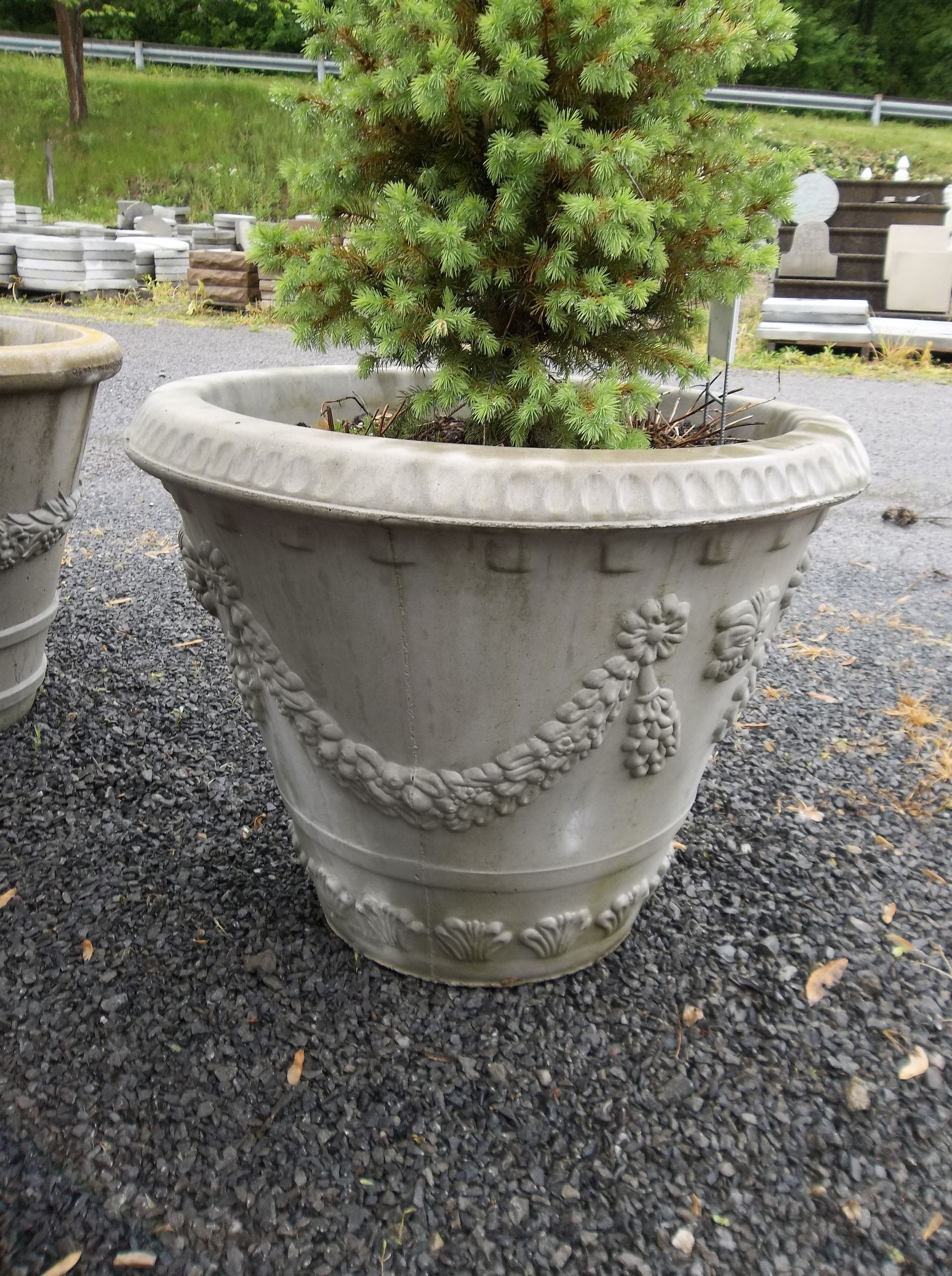 Gray concrete planter with decorative garland, holding a small evergreen shrub. Outdoors on gravel.