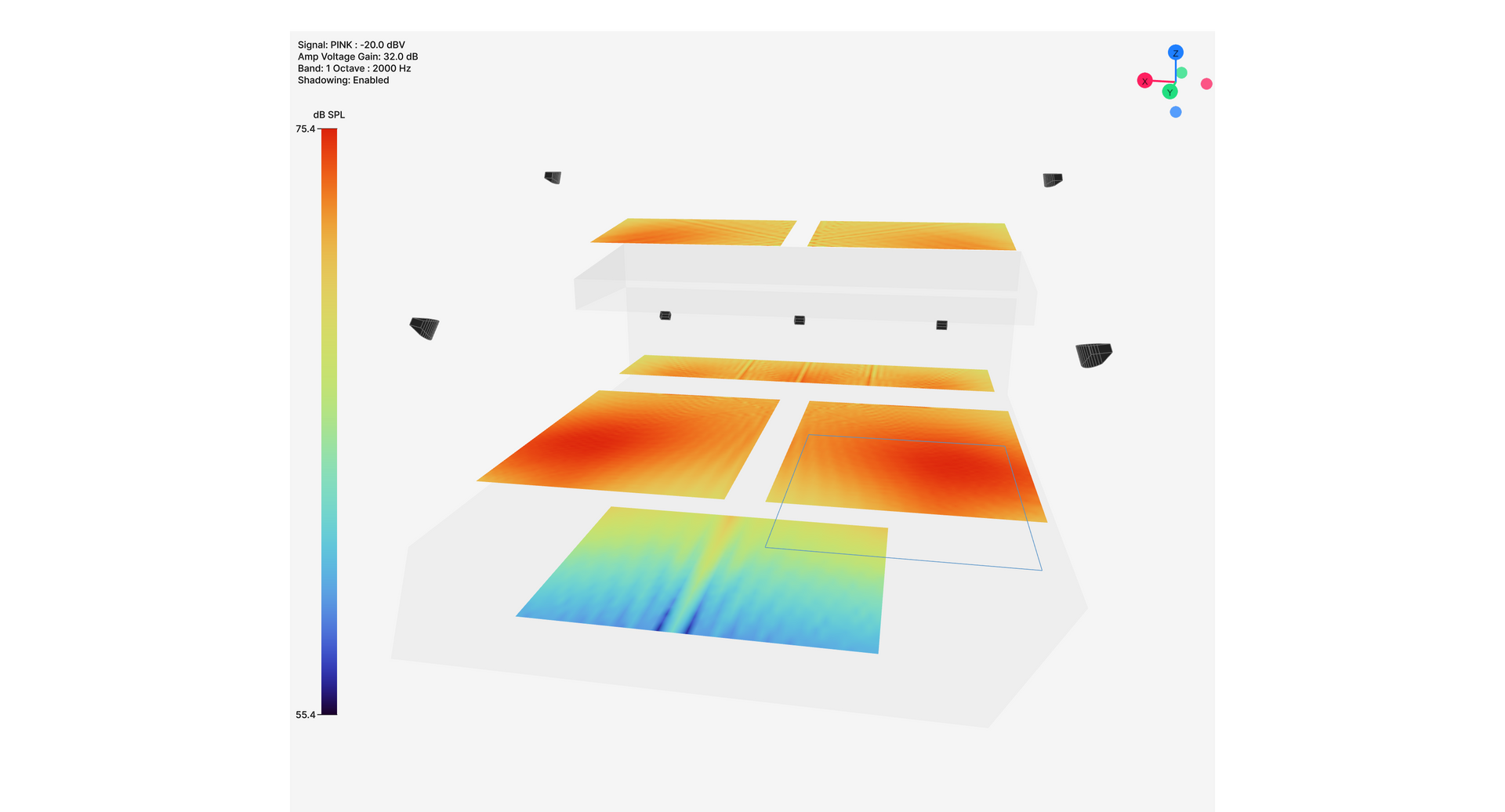 A computer generated image of a room with a rainbow of colours.