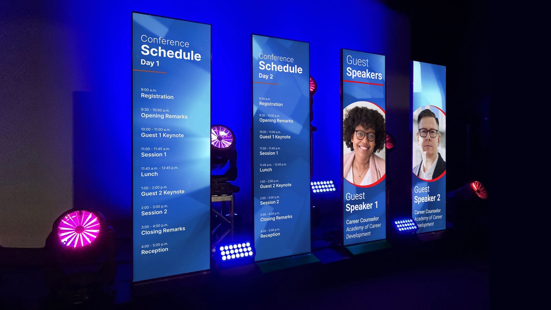 A row of blue signs with pictures of people on them.