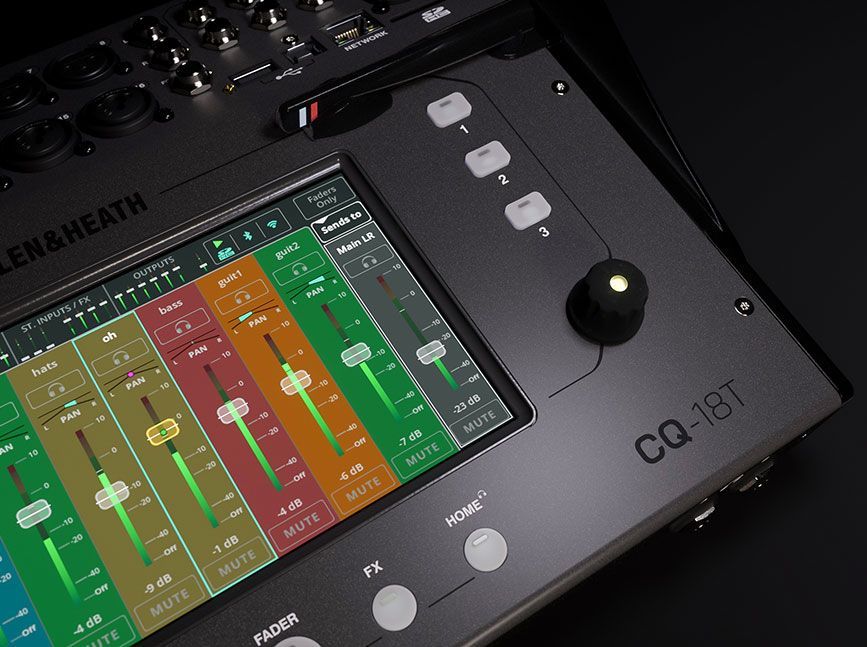 A close up of an allen & heath cq-701 mixer