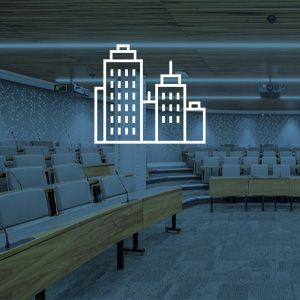 A conference room with a city icon on the wall