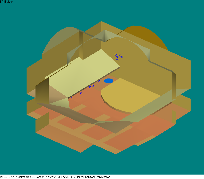 An isometric drawing of a room with a blue circle in the middle