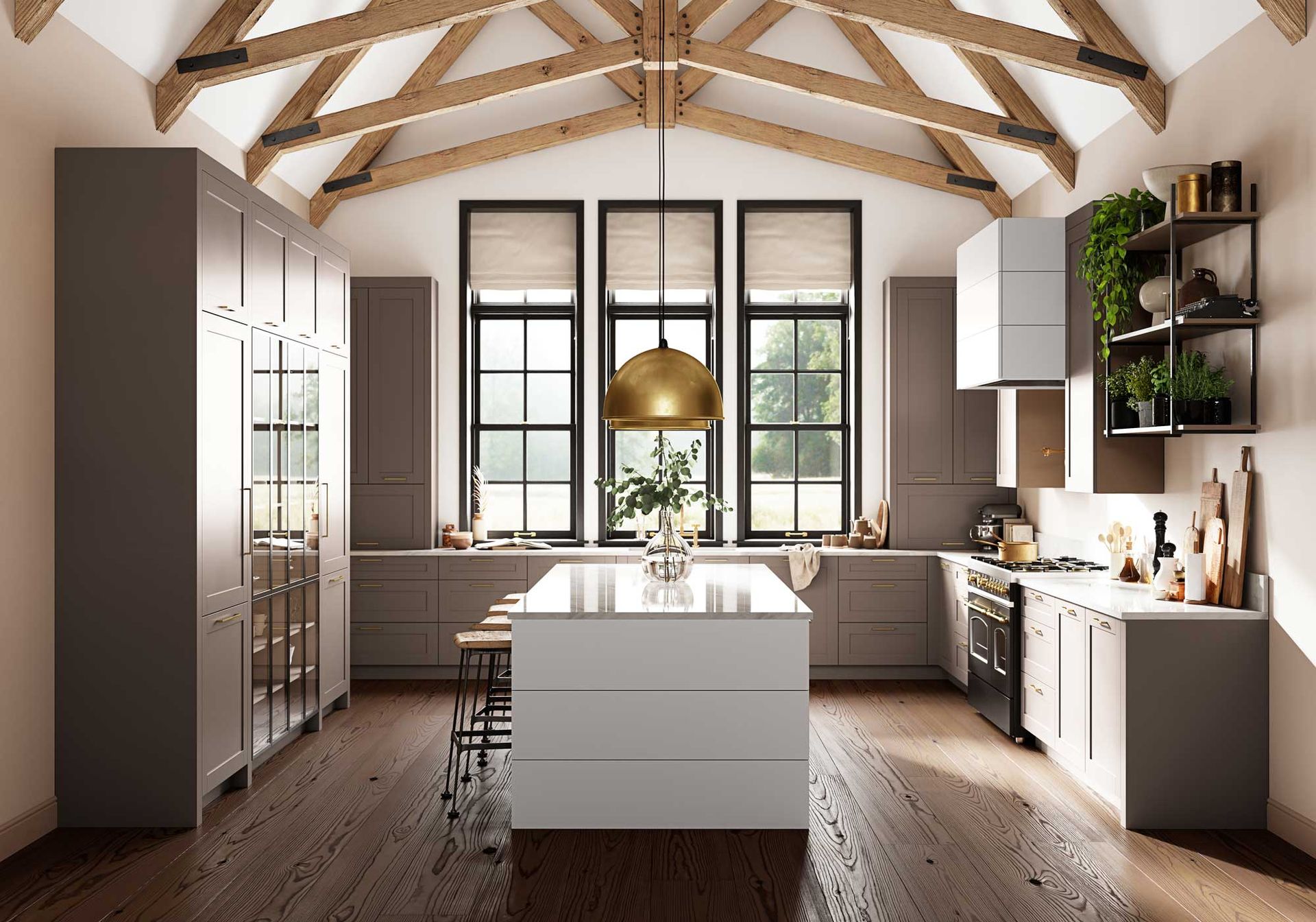 A kitchen with a large island and lots of windows