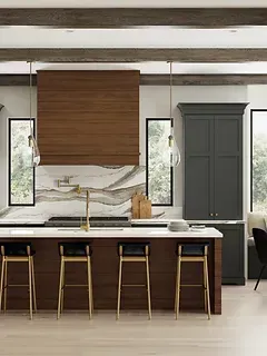 A kitchen with a large island , stools and a stove top oven.