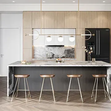 A kitchen with a large island , stools and a refrigerator.