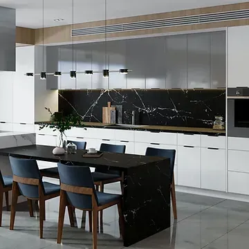 A kitchen with a table and chairs in it.