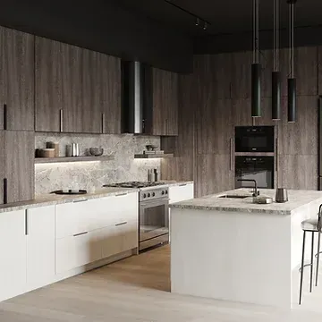 A kitchen with wooden cabinets , white cabinets , stainless steel appliances and a large island.