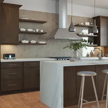 A kitchen with a large island and stools
