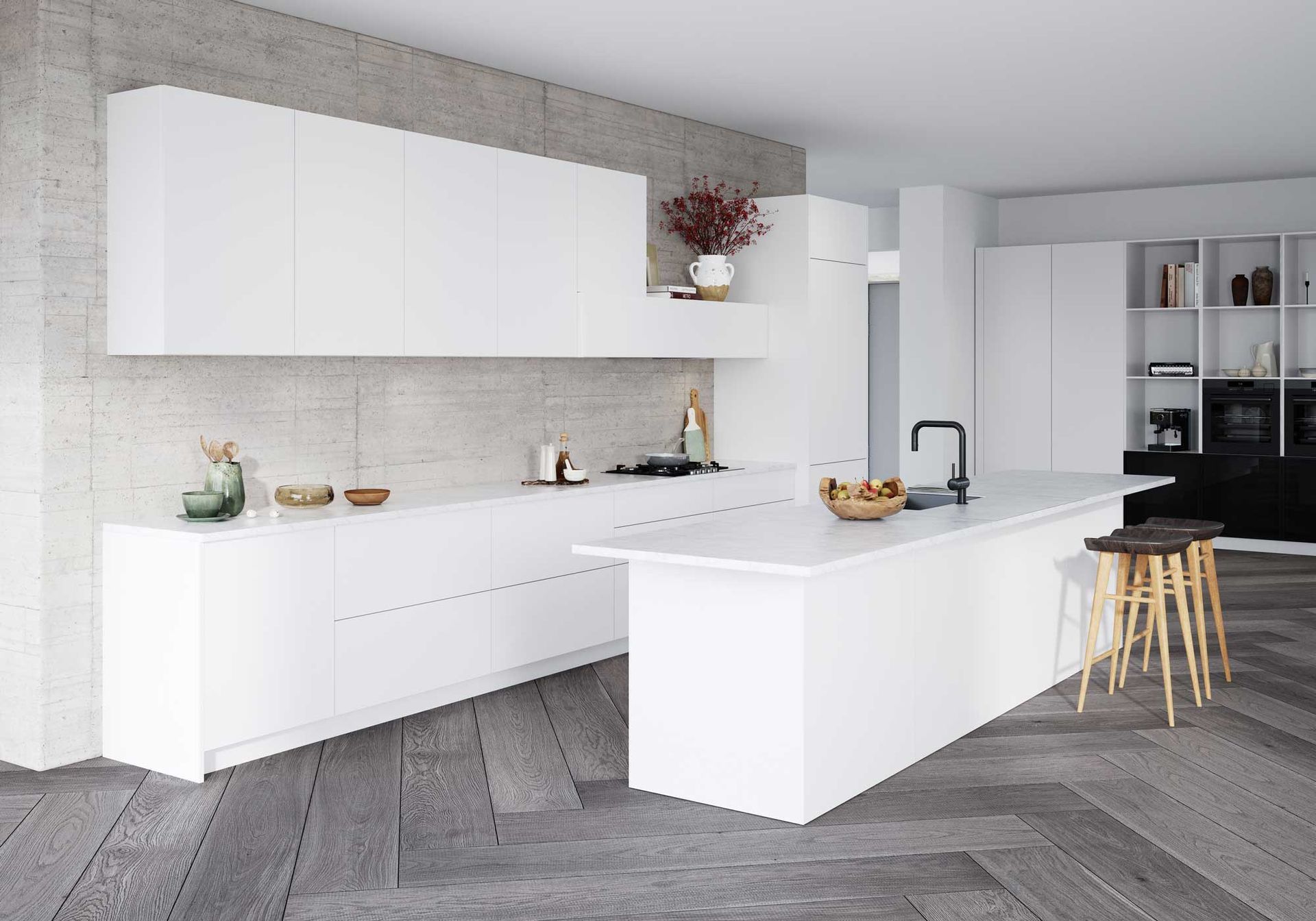 A modern kitchen with white cabinets and a large island.