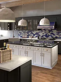 A kitchen with a large island and a bottle of wine on the counter.