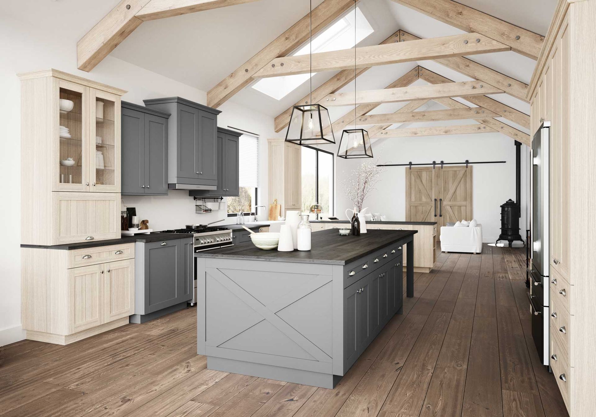 A kitchen with a large island in the middle of the room.