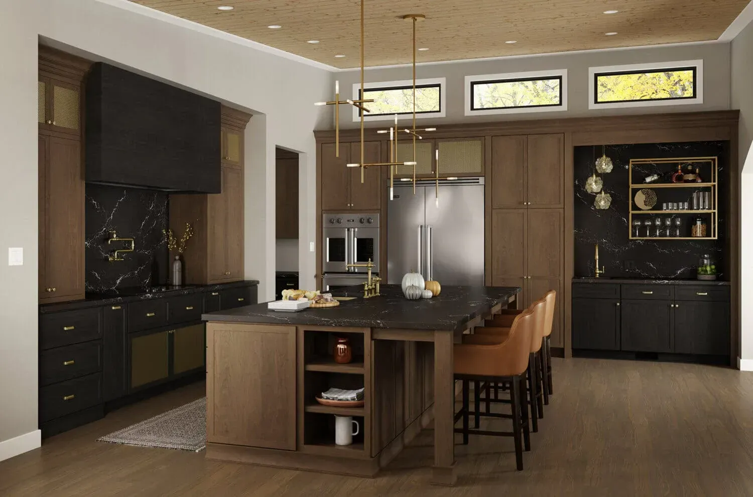 A kitchen with black cabinets and stainless steel appliances