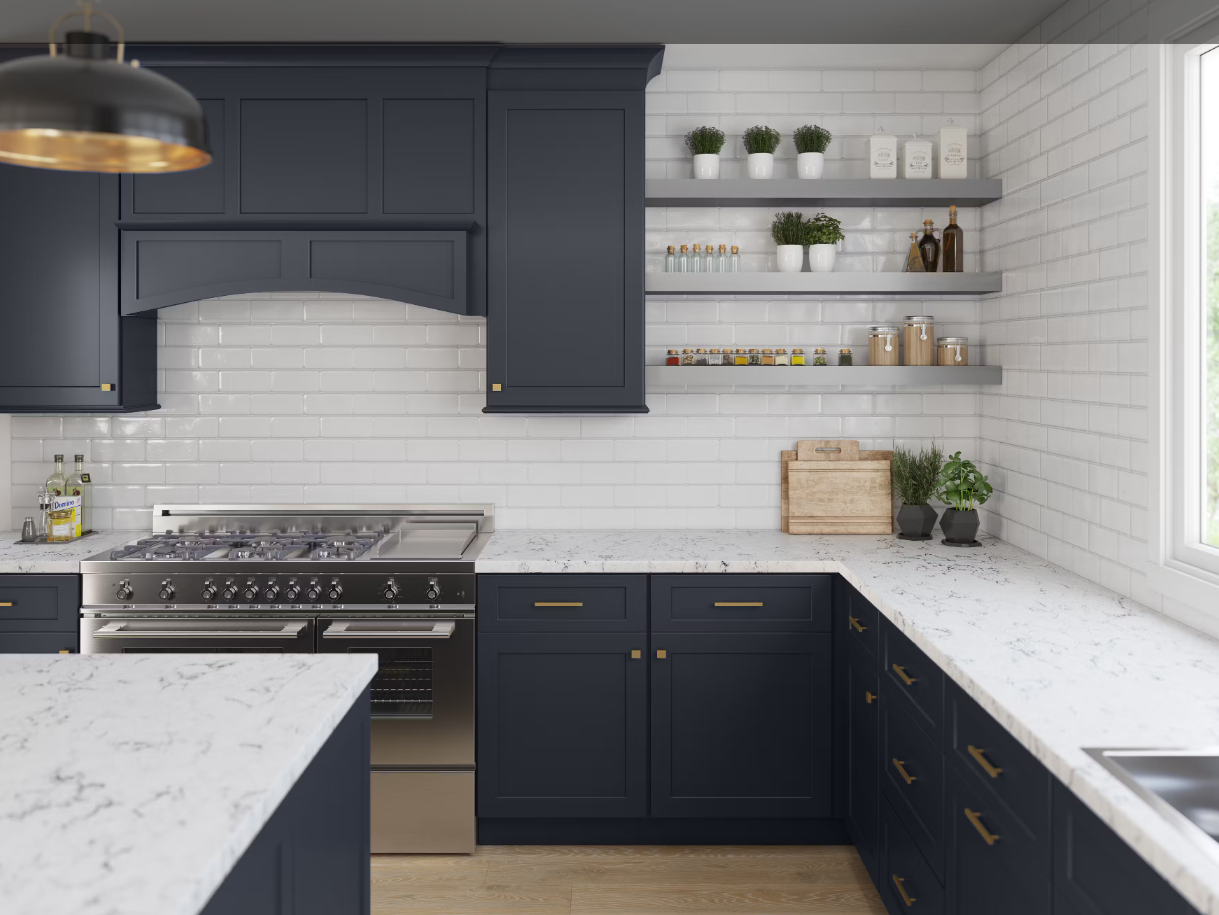 A kitchen with blue cabinets and white counter tops