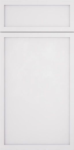 A close up of a white cabinet door on a white background.