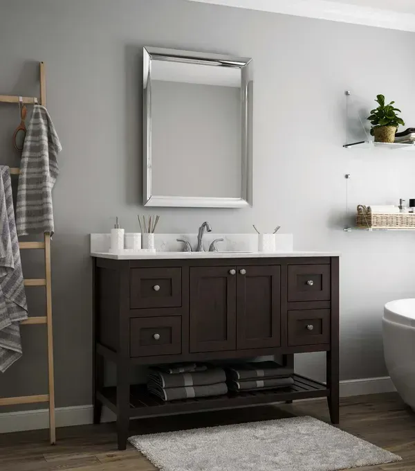 A bathroom with a sink a mirror and a ladder