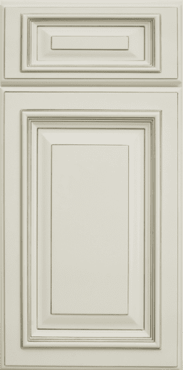 A close up of a white cabinet door on a white background.