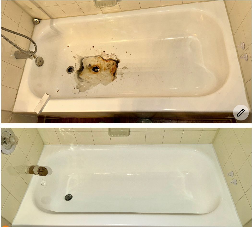 Before and after image of a tub that was fixed by refinishing.