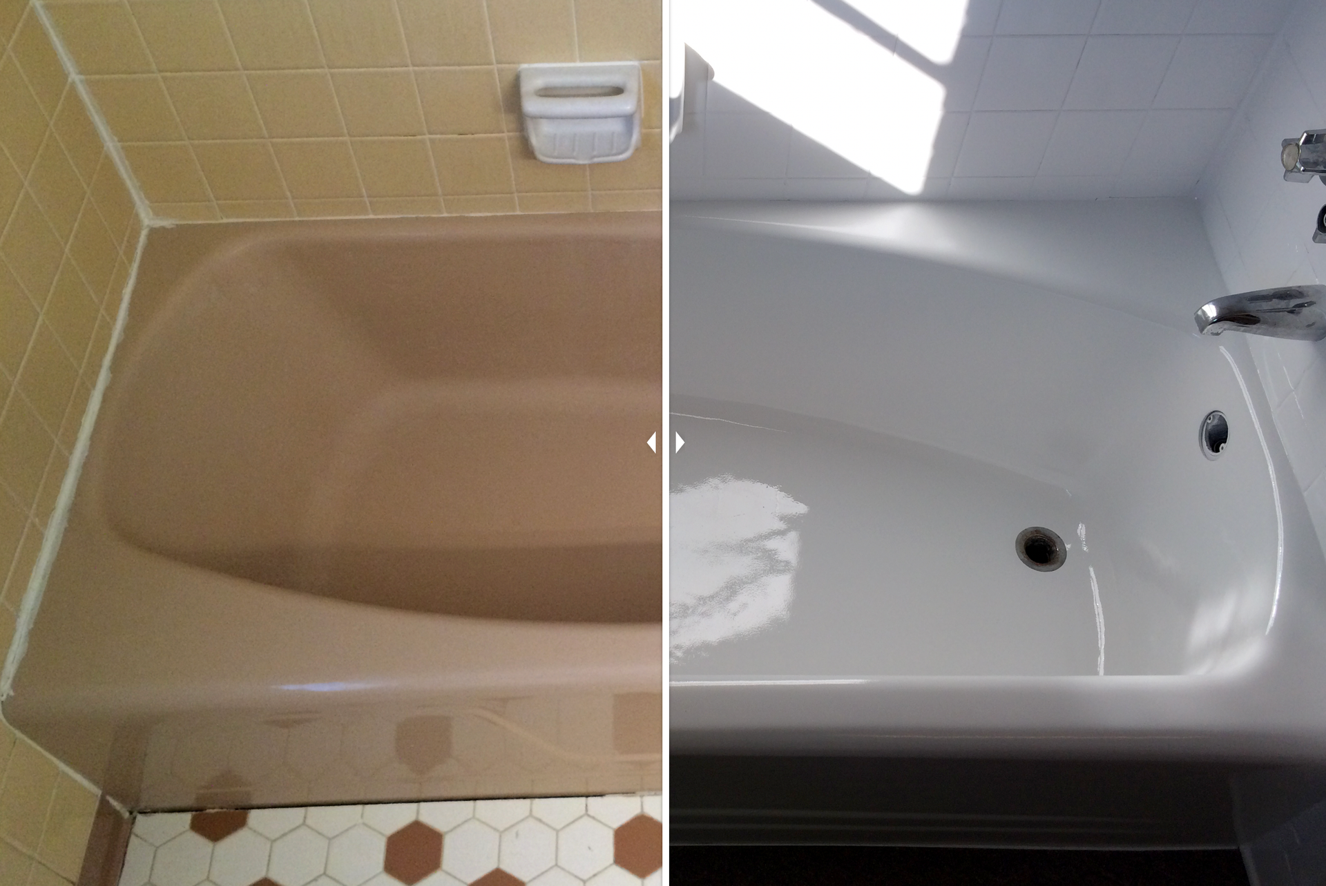Before and after picture of a bath tub refinishing job. Before the tub was looking dull and old, and after it looks nice and clean. 