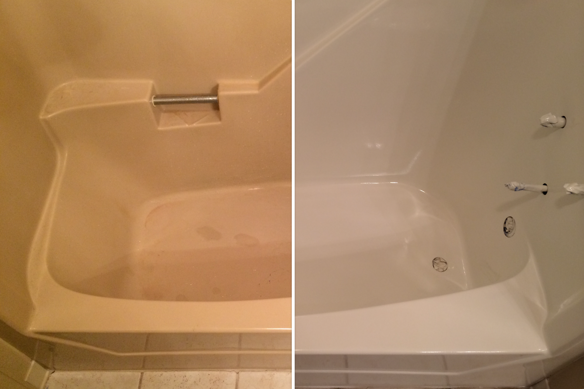 Before and after picture of a bath tub refinishing job. Before the tub was looking dull and old, and after it looks nice and clean. 
