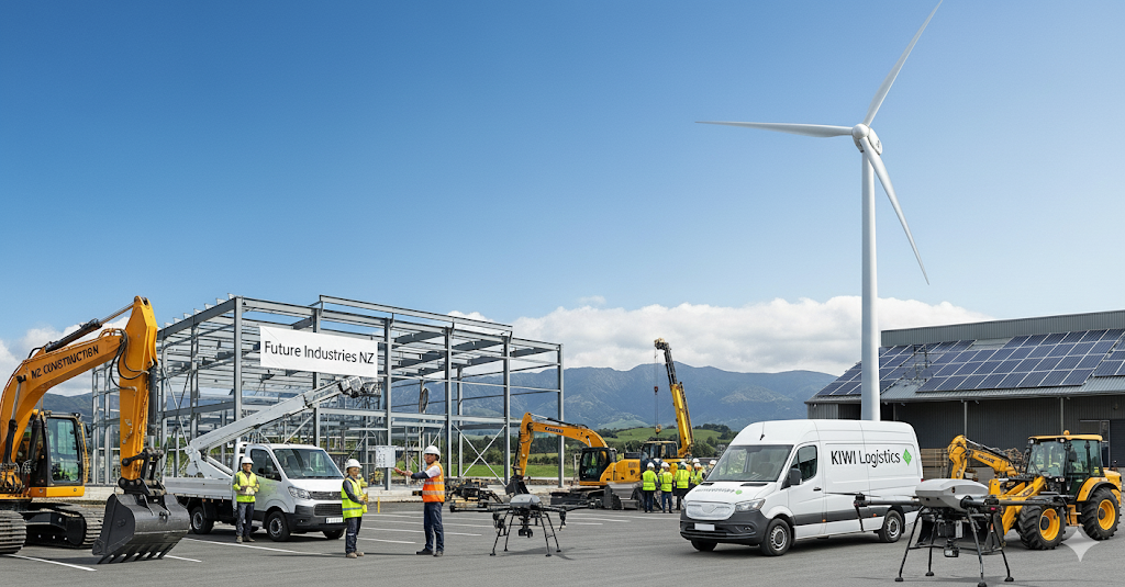 Construction site with vehicles, workers, a steel framework, and a wind turbine.