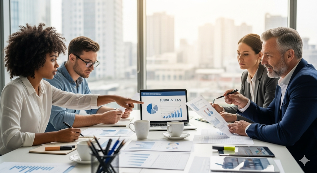 Business team reviewing charts and graphs at a conference table in an office.