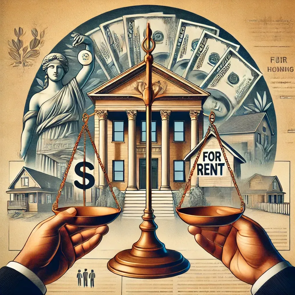 A court building with scales of justice balanced between rental housing and housing affordability