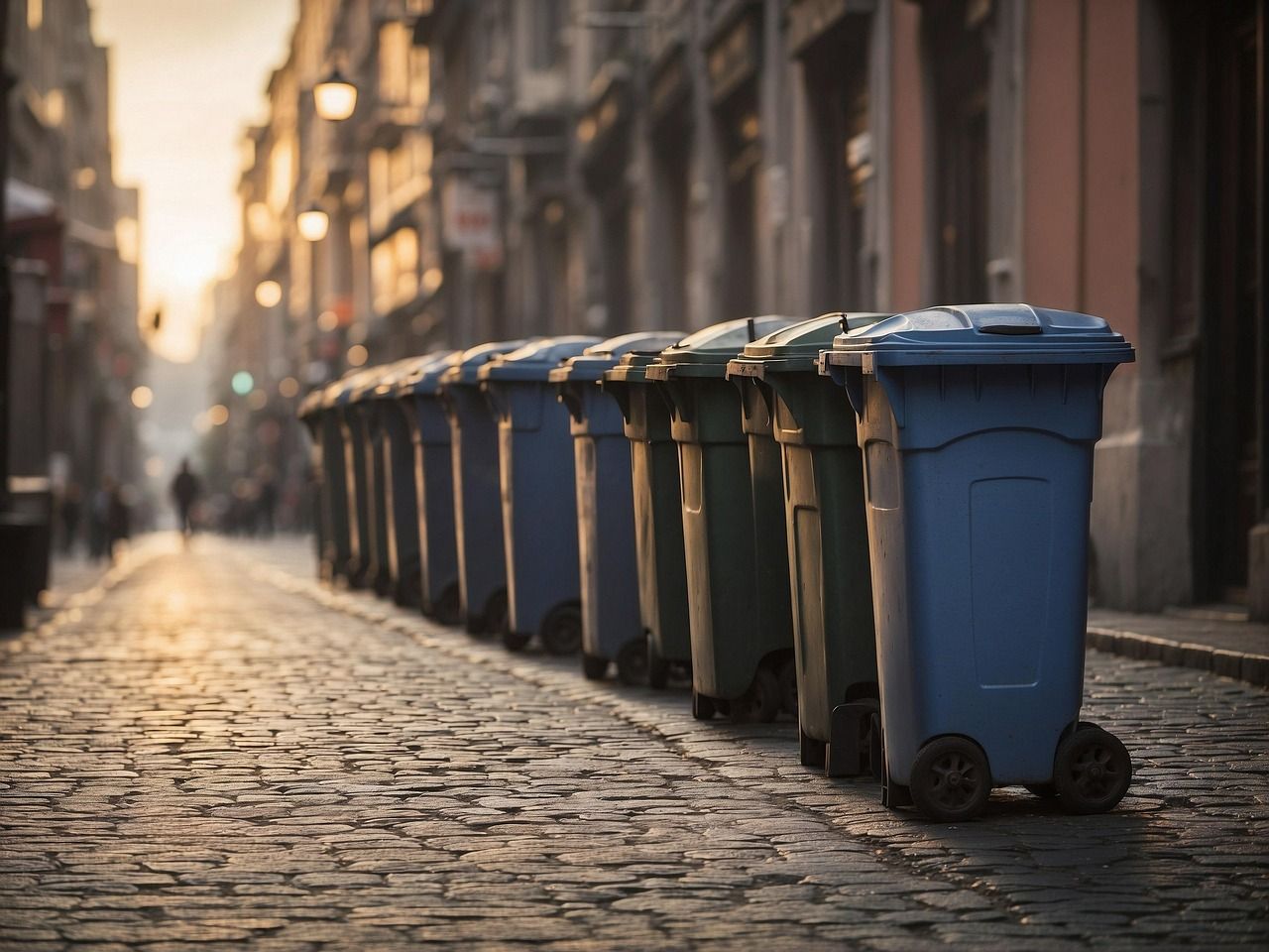 green and blue bins in a line on a street