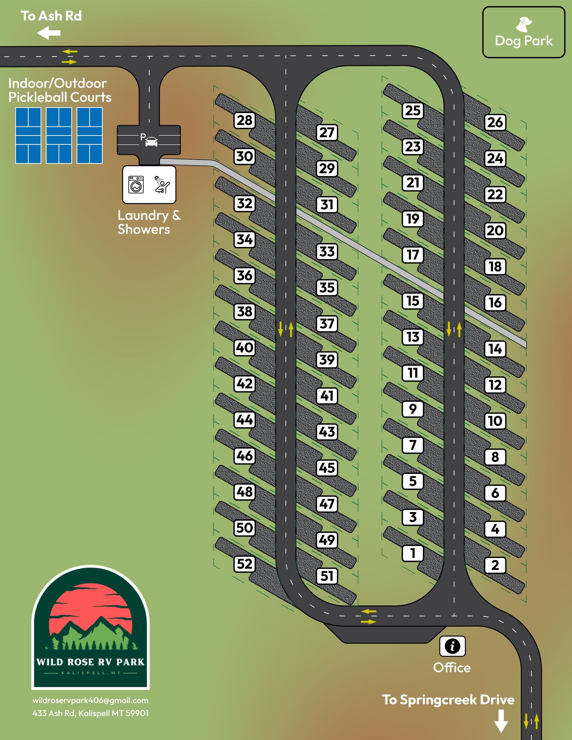 Park map with campsites, restrooms, sports courts, and a dog park.