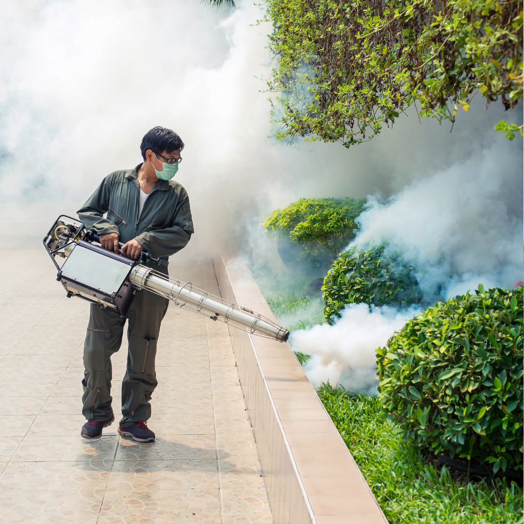 A man wearing a mask is spraying smoke in a garden.