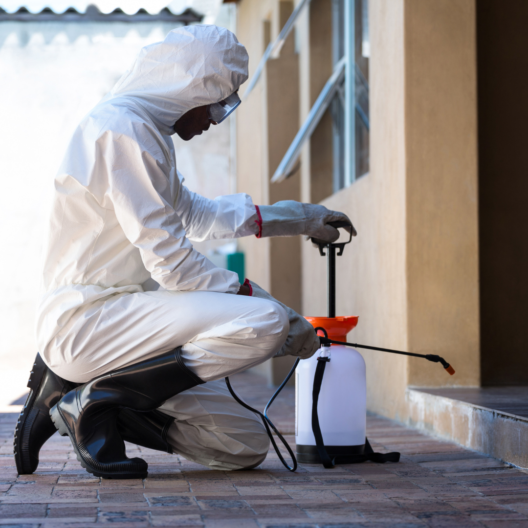 A man in a protective suit is kneeling down next to a spray bottle