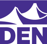 A purple logo with a white tent and the word den on it.