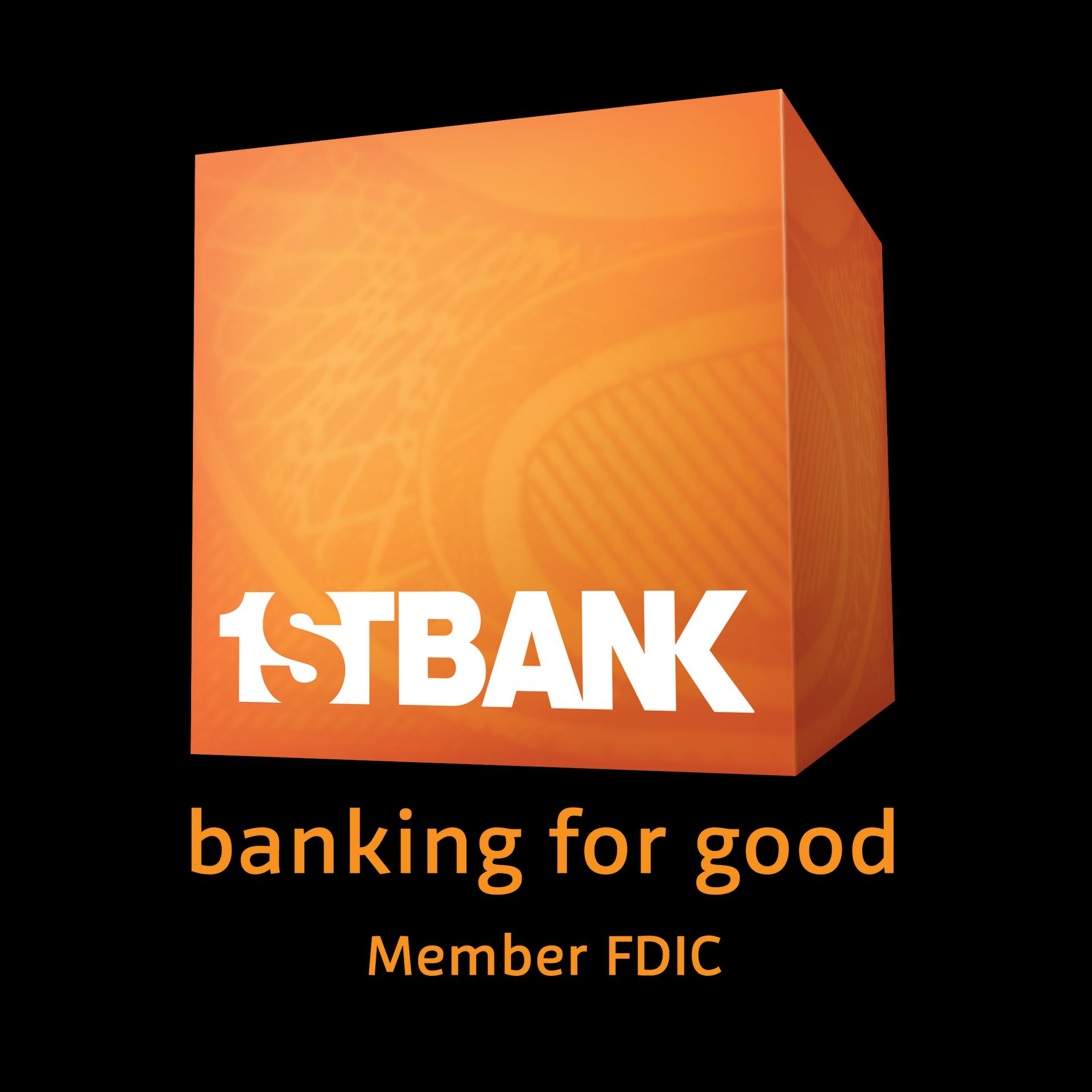 An orange cube with the 1st bank logo on it