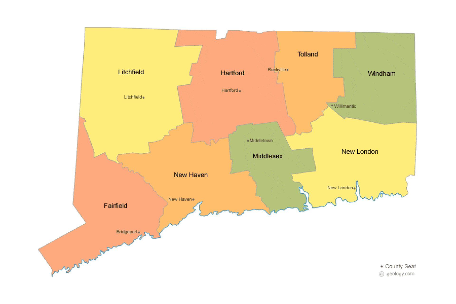 A colorful map of the state of connecticut