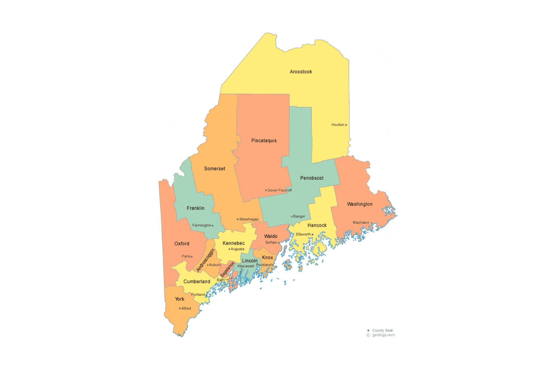 A map of maine is shown in different colors on a white background.