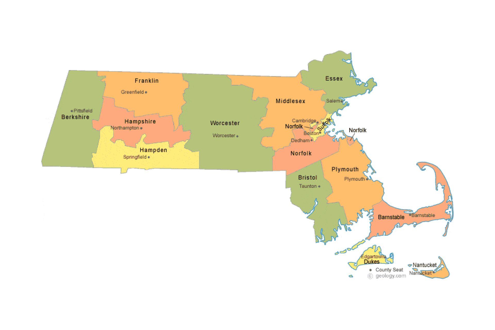 A map of the state of massachusetts with the provinces.