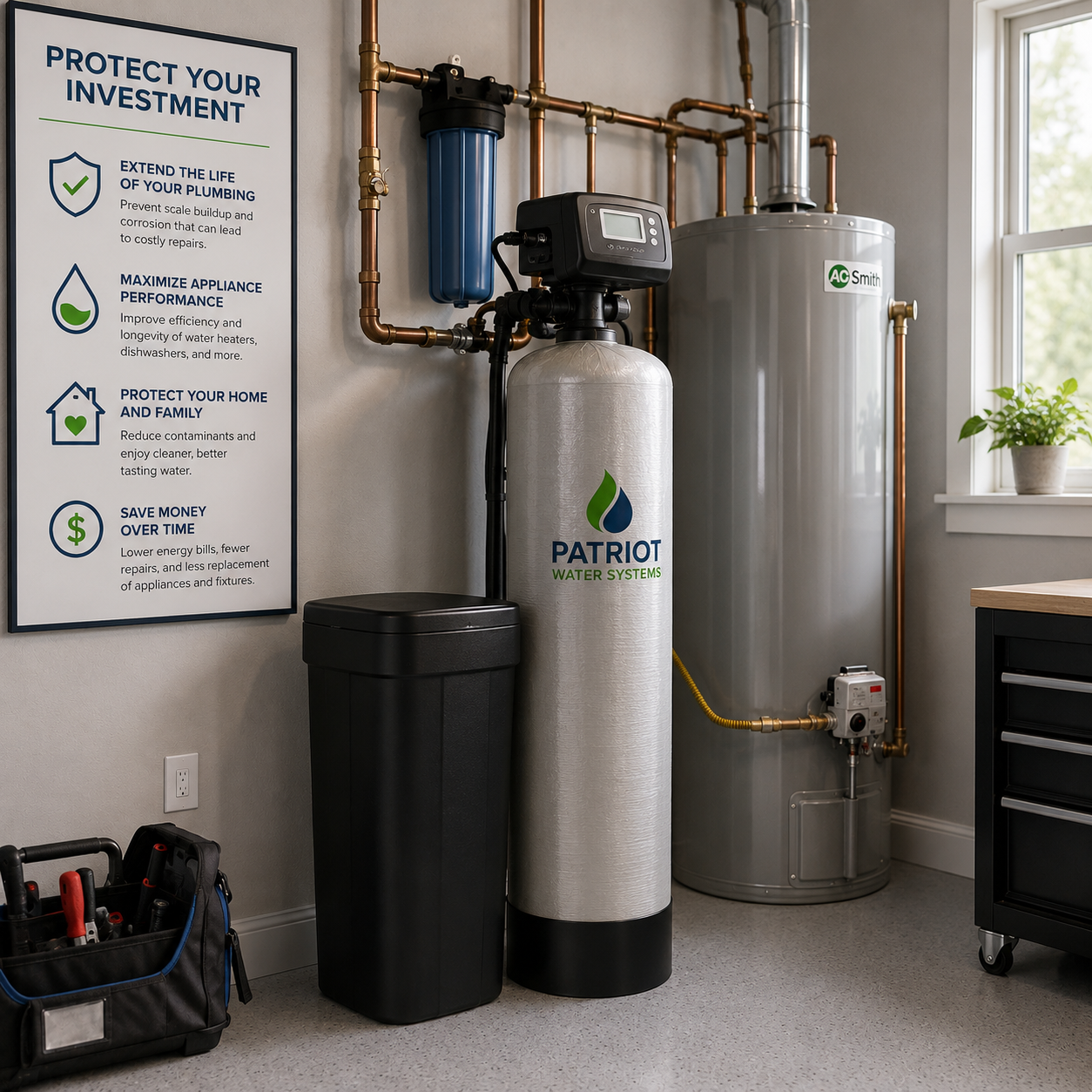 A water filtration system with a black tank and four filters mounted under a kitchen sink.