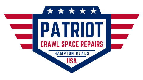 Logo for Patriot Crawl Space Repairs in Hampton Roads, USA. Features a patriotic shield design with stars, stripes, and text.