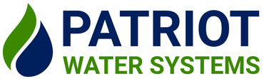 Logo for Patriot Water Systems: a dark blue drop icon with a green leaf design, followed by the company name in dark blue.