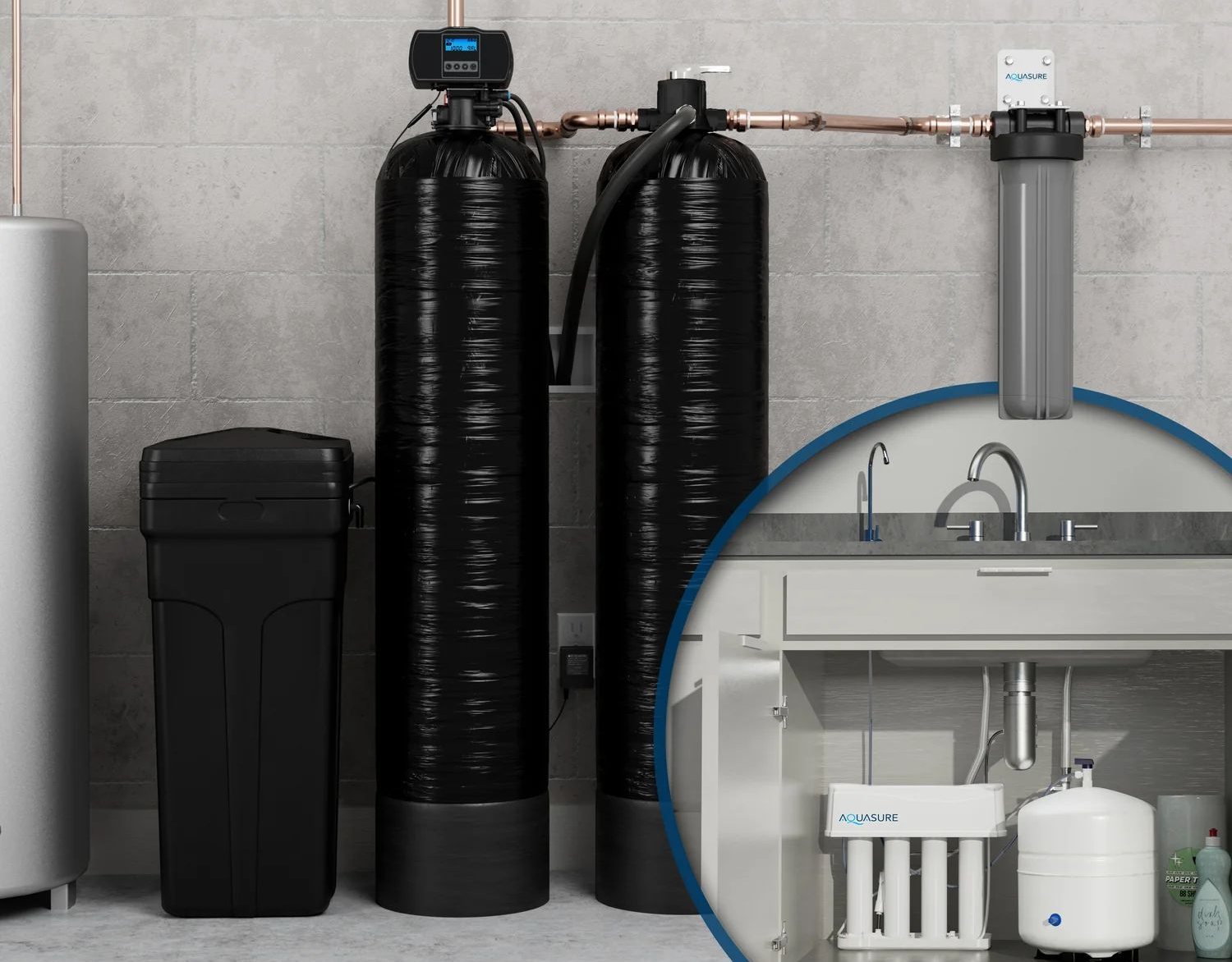 A whole-home water treatment system with two black tanks and a sediment filter, showing an undersink reverse osmosis unit.