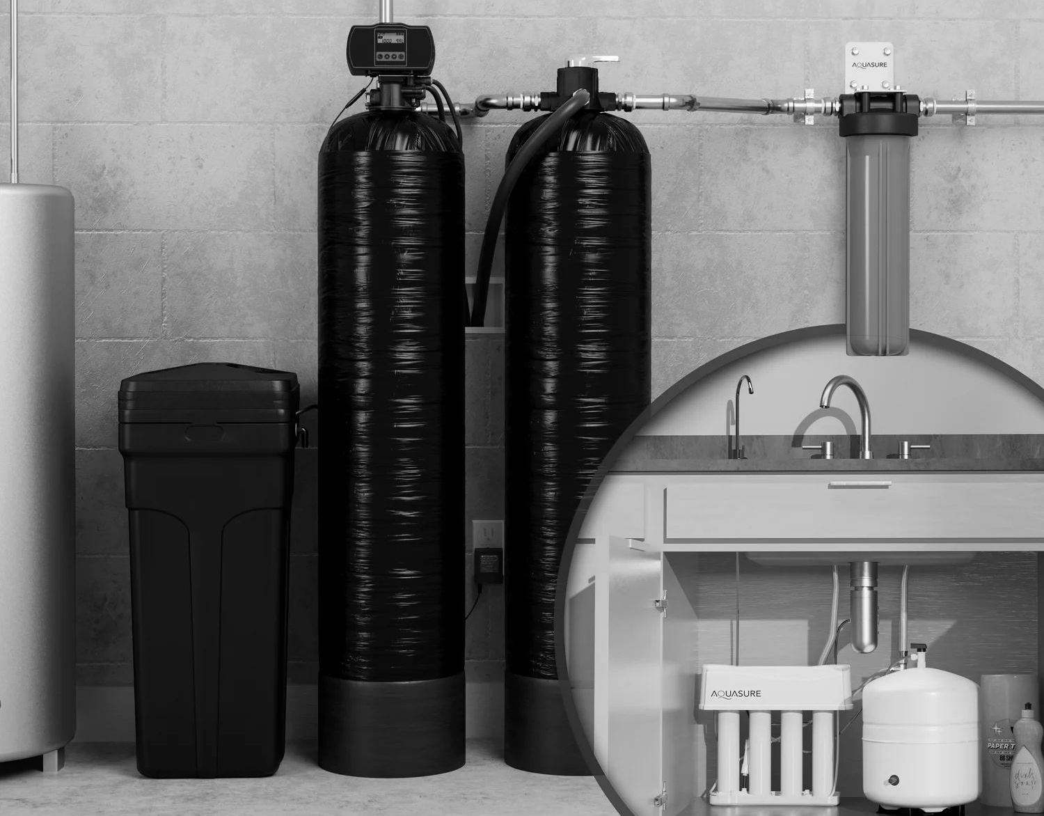 Crawl space with white vapor barrier, support beams, ductwork, and electrical wiring.