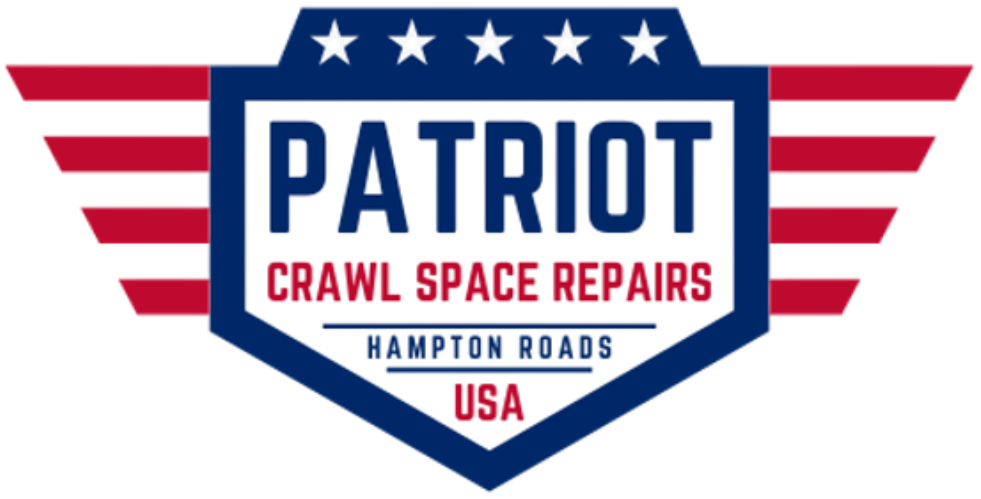 Logo for Patriot Crawl Space Repairs in Hampton Roads, USA, featuring a shield with patriotic colors and stars.