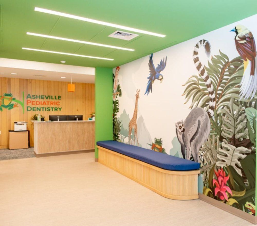 A waiting room with a bench and a mural on the wall. Asheville Pediatric Dentistry (828) 277-6788