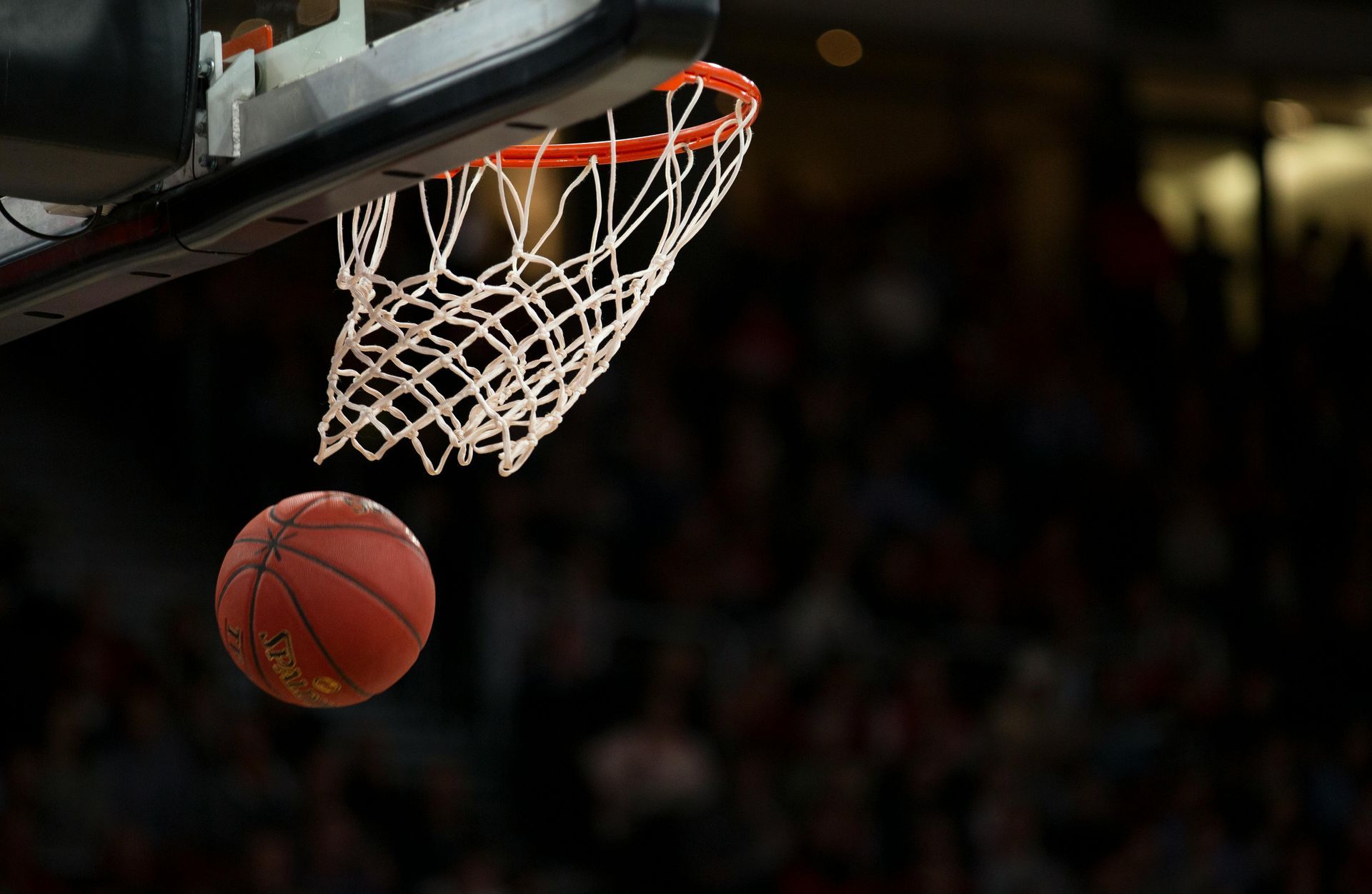 Basketball dropping through the hoop; red and orange ball, white net, blurry background of a crowd.