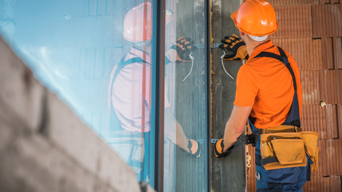 A construction worker in an orange shirt and hard hat installs a window frame on a brick building exterior.