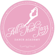 The logo for all that jazz dance academy is pink and white.