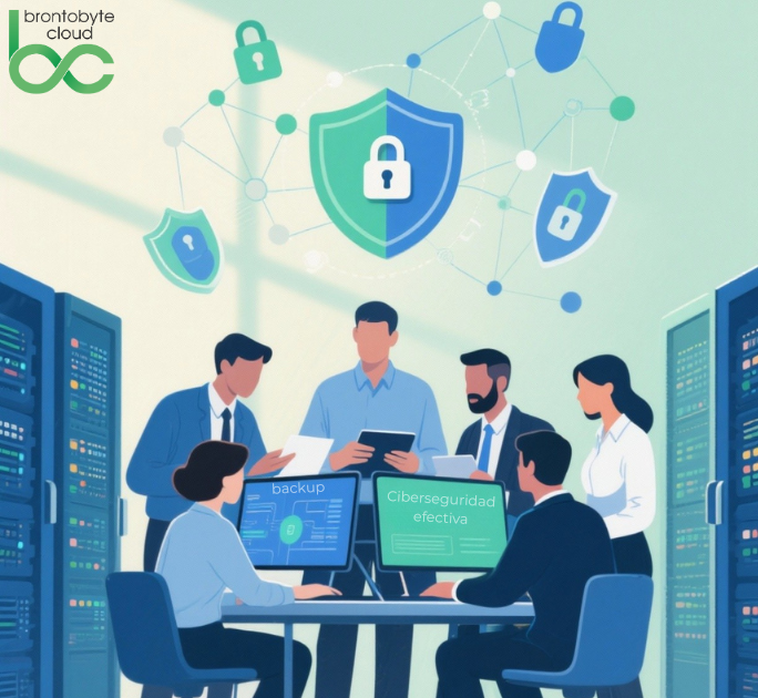 Empleados de una empresa revisando medidas de ciberseguridad y copias de seguridad con Brontobyte