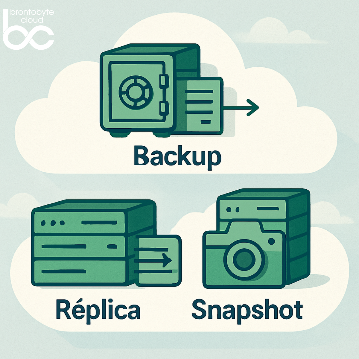 Infografía sobre backup, réplica y snapshot para proteger datos y garantizar continuidad IT