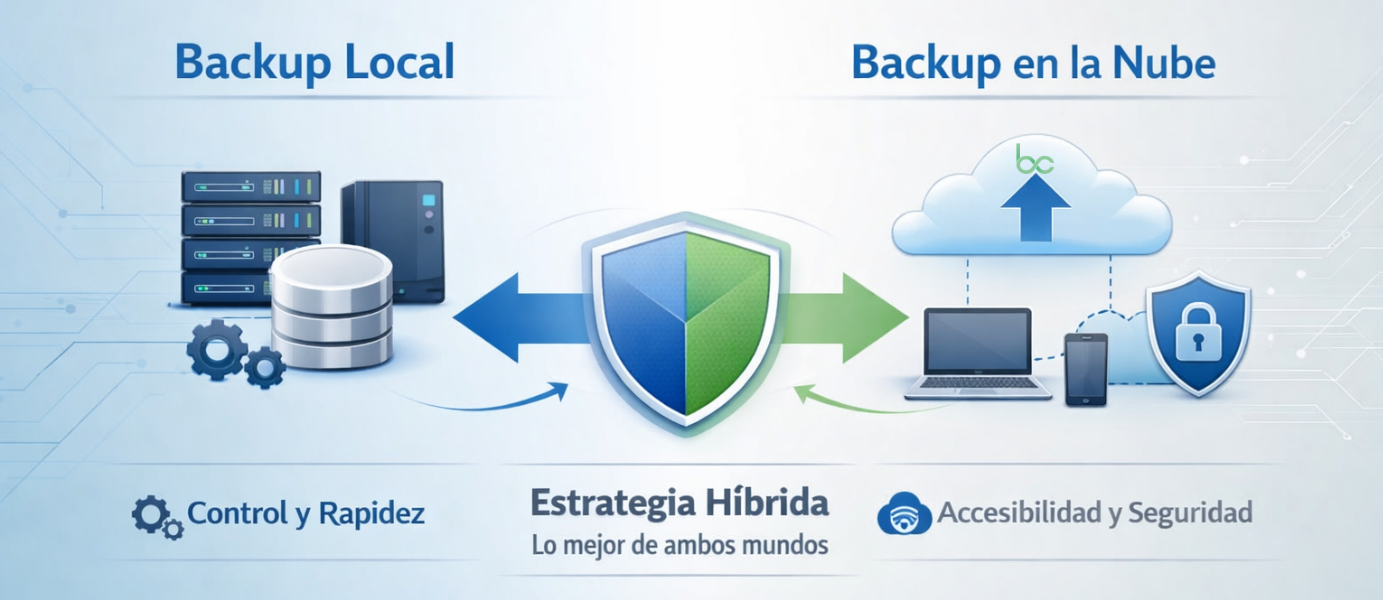 Comparativa entre backup local y backup en la nube mostrando seguridad, almacenamiento y recuperació