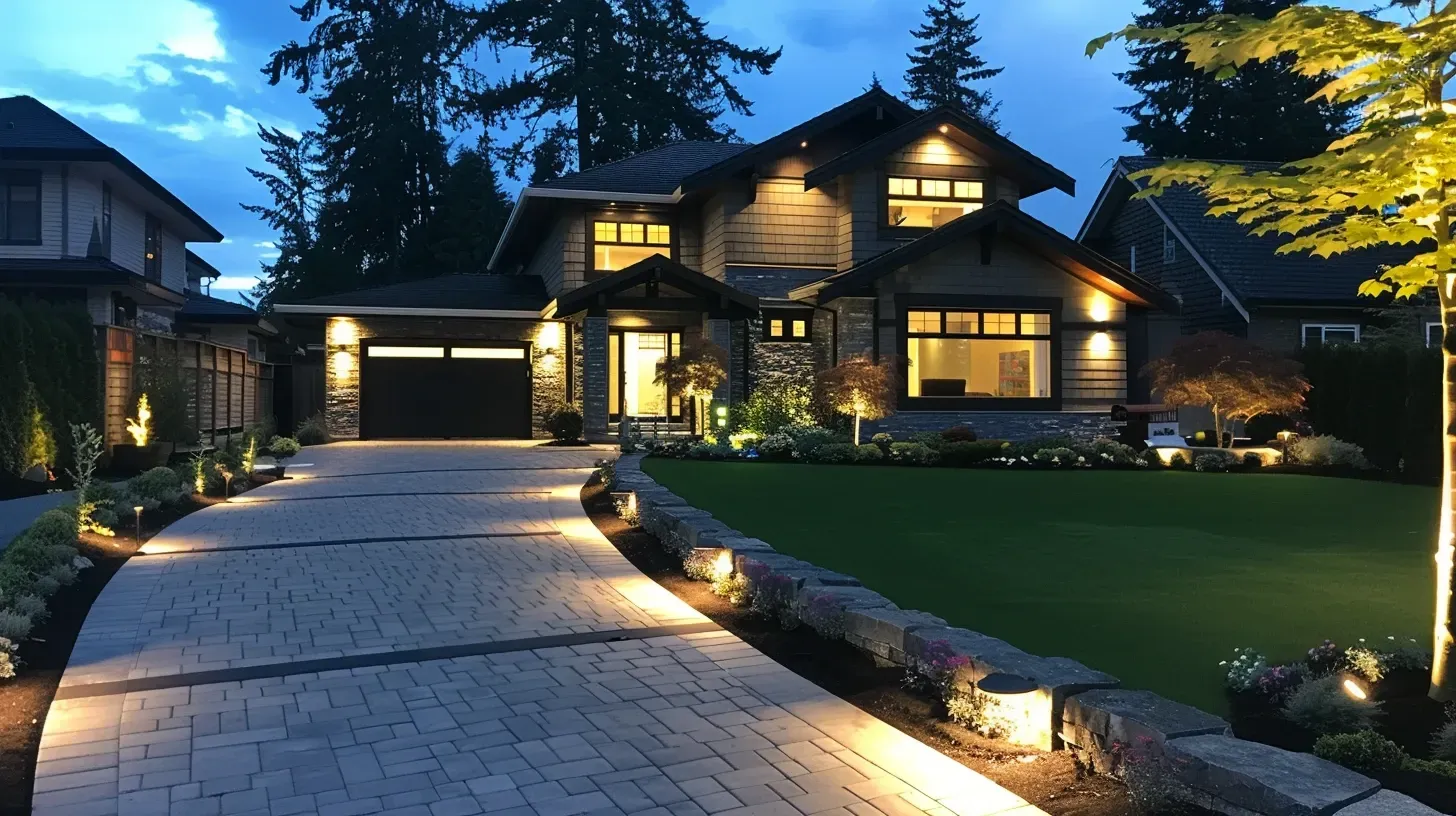 Before and after the installation of safety lighting in Burnaby BC. A dark, vulnerable side yard is now bright and secure. Our security lighting offers peace of mind. For outdoor safety lighting in Burnaby, the difference is clear. Keywords: home security, landscape safety, crime deterrence, exterior protection.